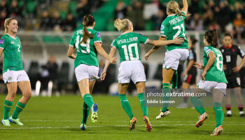 Julie-Ann Russell celebrating scoring Ireland's opening goal against Georgia in Tallaght Stadium, 29 October 2024