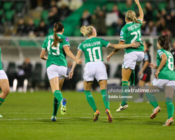 Julie-Ann Russell celebrating scoring Ireland's opening goal against Georgia in Tallaght Stadium, 29 October 2024