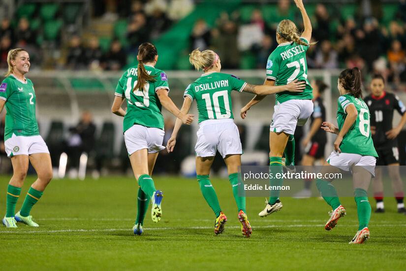 Julie-Ann Russell celebrating scoring Ireland's opening goal against Georgia in Tallaght Stadium, 29 October 2024