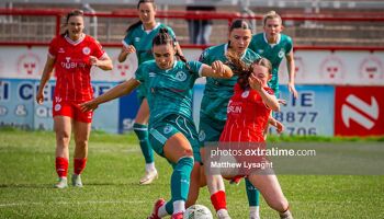 Action from the scorless draw between Shelbourne and Shamrock Rovers at Tolka Park in April 2024