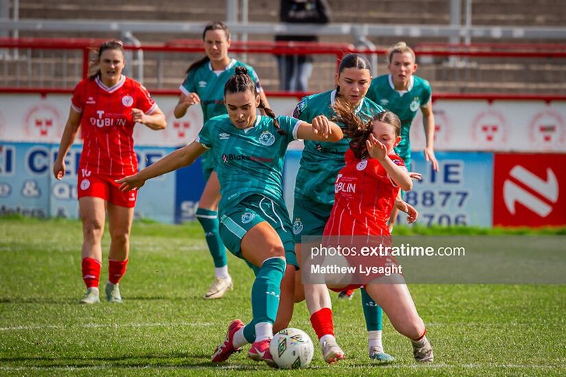 Action from the scorless draw between Shelbourne and Shamrock Rovers at Tolka Park in April 2024