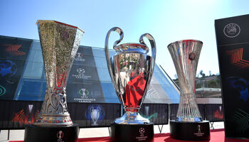 Large trophies are seen outside the venue during the UEFA Europa League 2024/25 League Phase Draw​ at Grimaldi Forum on August 30, 2024 in Monaco, Monaco.