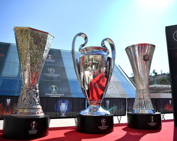 Large trophies are seen outside the venue during the UEFA Europa League 2024/25 League Phase Draw​ at Grimaldi Forum on August 30, 2024 in Monaco, Monaco.