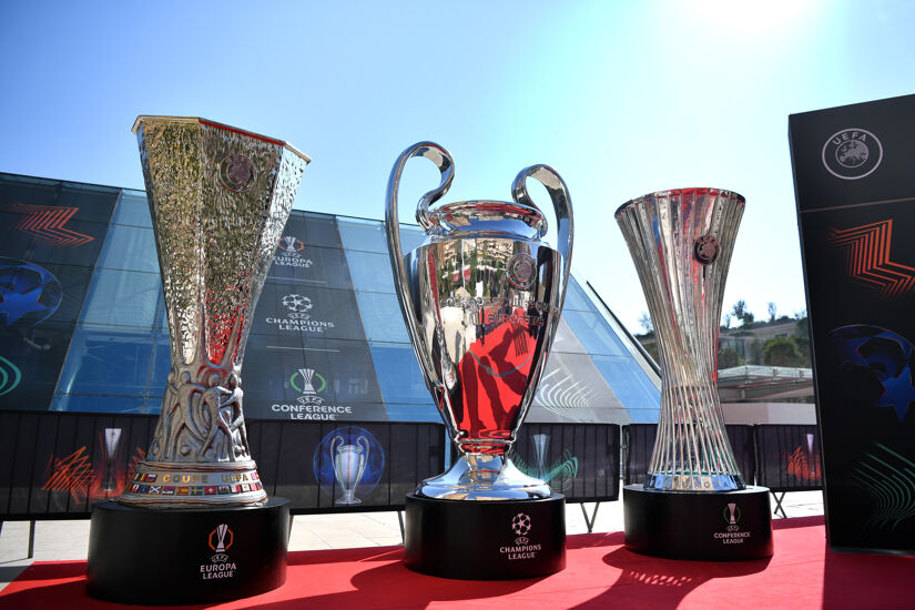 Large trophies are seen outside the venue during the UEFA Europa League 2024/25 League Phase Draw​ at Grimaldi Forum on August 30, 2024 in Monaco, Monaco.