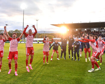 Olympiacos players celebrate after the UEFA Youth League 2023/24 Final match between Olympiacos and AC Milan at Centre Sportif de Colovray on April 22, 2024 in Nyon, Switzerland.