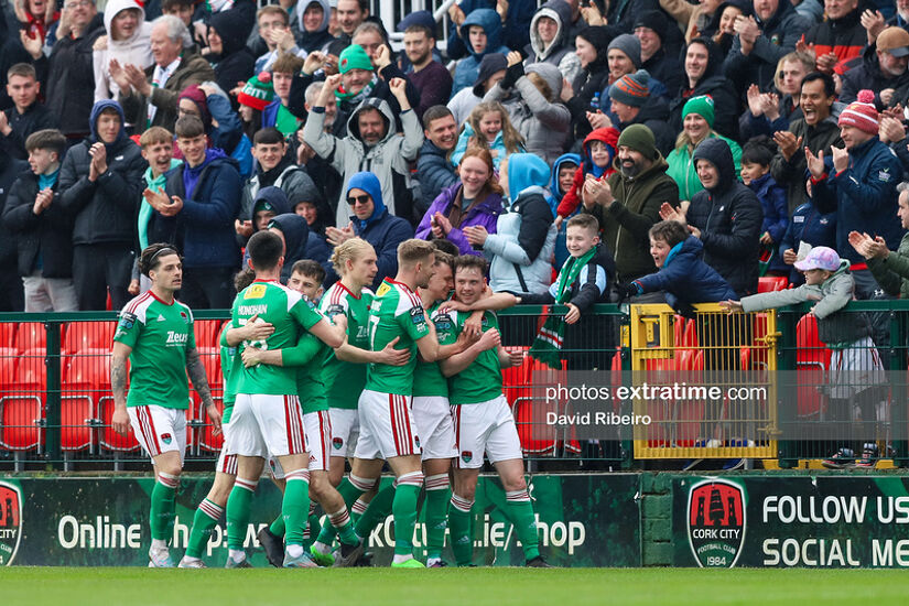 Cork City celebrating their winner against Dundalk