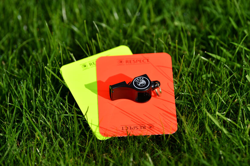 UEFA Disciplinary Regulations Illustration with whistle, yellow and red cards at the UEFA headquarters, the House of European Football on November 5 2019 in Nyon, Switzerland.