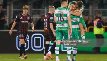 Graham Burke celebrates after scoring the winner for Shamrock Rovers against Bohemians on Monday night