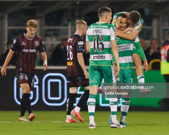 Graham Burke celebrates after scoring the winner for Shamrock Rovers against Bohemians on Monday night