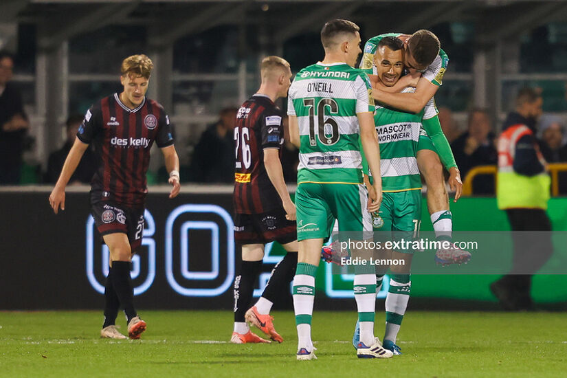 Graham Burke celebrates after scoring the winner for Shamrock Rovers against Bohemians on Monday night