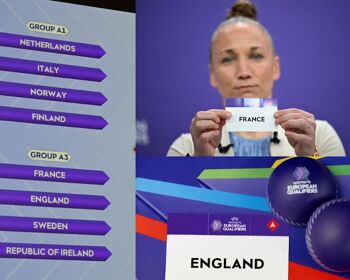 Swiss international Gaëlle Thalmann draws out the card of France during the UEFA Women's EURO 2025 Qualifying Round Draw at UEFA HQ in Nyon.