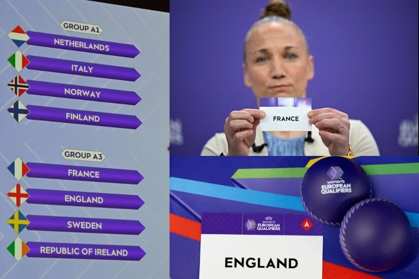 Swiss international Gaëlle Thalmann draws out the card of France during the UEFA Women's EURO 2025 Qualifying Round Draw at UEFA HQ in Nyon.