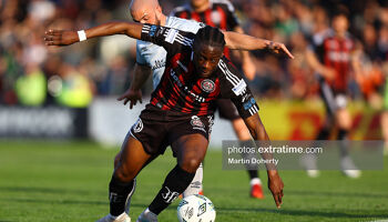 Jonathan Afolabi of Bohemian FC in action for Bohemian FC against Shelbourne in May