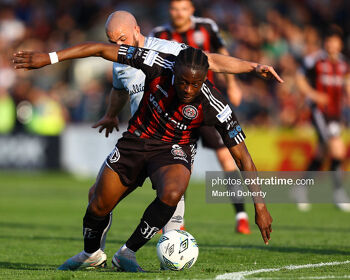 Jonathan Afolabi of Bohemian FC in action for Bohemian FC against Shelbourne in May