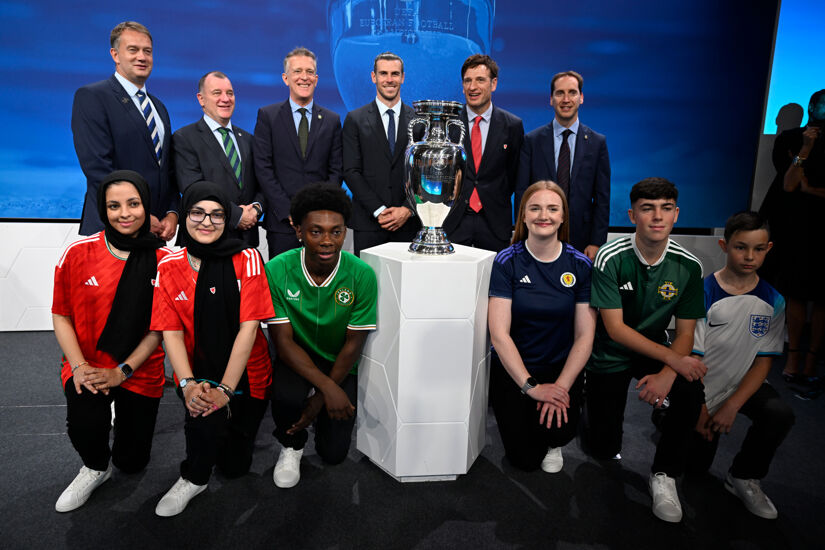 Representatives from the successful joint bid of UK and Ireland for UEFA EURO 2028 on stage during the UEFA EURO 2028 & 2032 host city announcement at the UEFA headquarters, The House of European Football on October 10, 2023 in Nyon, Switzerland.