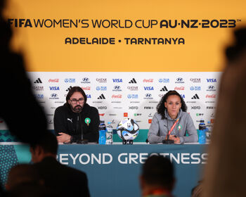 eynald Pedros, Head Coach of Morocco and player Salma Amani speak during a press conference  at Hindmarsh Stadium on July 29, 2023 in Adelaide, Australia.