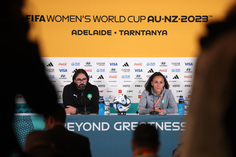 eynald Pedros, Head Coach of Morocco and player Salma Amani speak during a press conference  at Hindmarsh Stadium on July 29, 2023 in Adelaide, Australia.