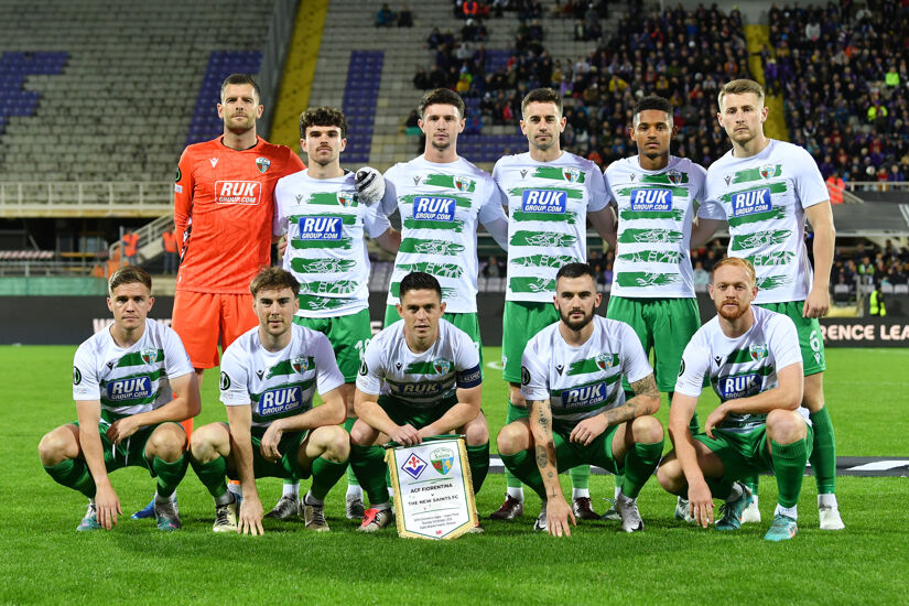 The New Saints FC pose for a team photograph prior to the UEFA Conference League 2024/25 League Phase MD1 match between ACF Fiorentina and The New Saints FC at  on October 03, 2024 in Florence