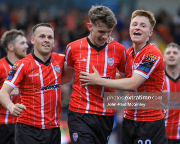 Teenager Tiernan McGinty celebrates his goal for Derry City against Cork City