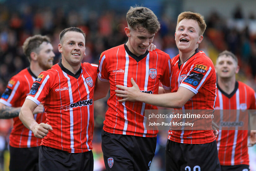 Teenager Tiernan McGinty celebrates his goal for Derry City against Cork City