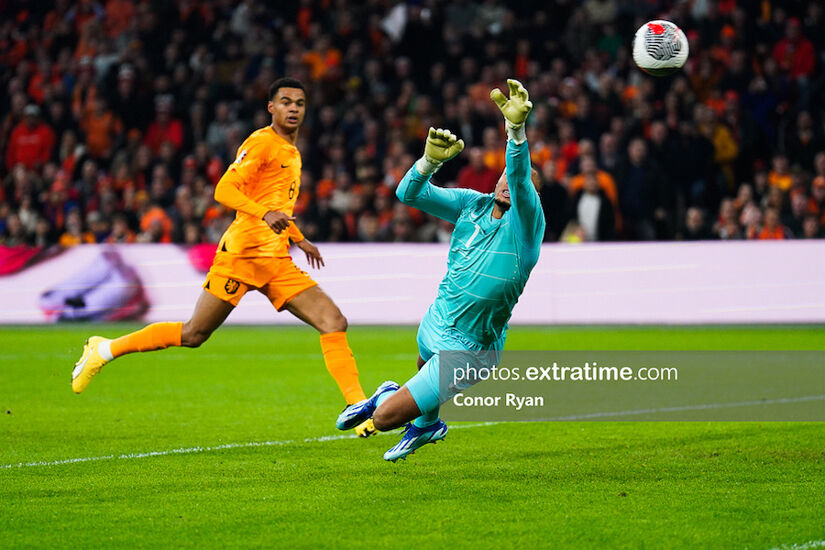 Cody Gakpo watches as Wout Weghorst (out of picture) scores by Gavin Bazunu for the opening goal of the game