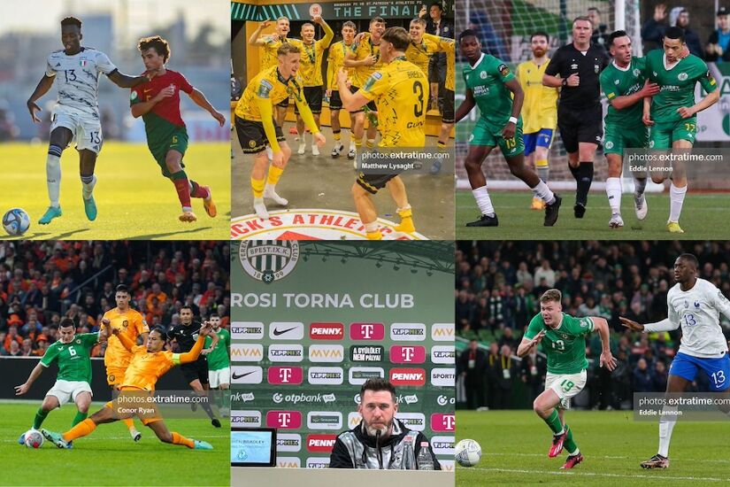 Clockwise from top left: Italy’s Michael Kayode in the EURO u19 final, Sam Curtis and Anto Breslin celebrating their FAI Cup win, Kerry FC, Evan Ferguson and Ibrahima Konate, Stephen Bradley after his team’s loss in Budapest, Josh Cullen & Virgil van Dijk