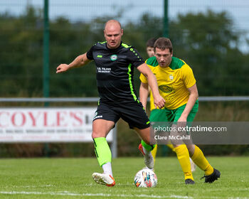 Pike Rovers player-manager Robbie Williams in action against Bonagee United in 2022