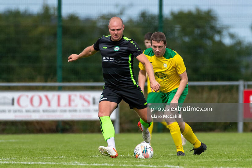 Pike Rovers player-manager Robbie Williams in action against Bonagee United in 2022