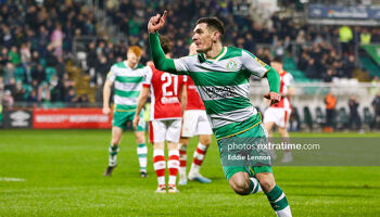 Trevor Clarke celebrating scoring against St Pats in the President's Cup earlier this month