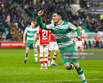 Trevor Clarke celebrating scoring against St Pats in the President's Cup earlier this month