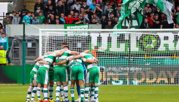 Shamrock Rovers huddle ahead of their Champions League first qualifying round second leg against Vikingur in Tallaght in July 2024