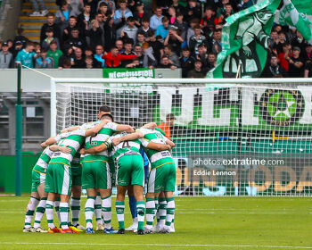 Shamrock Rovers huddle ahead of their Champions League first qualifying round second leg against Vikingur in Tallaght in July 2024