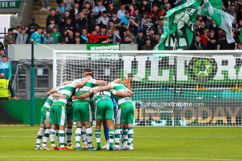 Shamrock Rovers huddle ahead of their Champions League first qualifying round second leg against Vikingur in Tallaght in July 2024