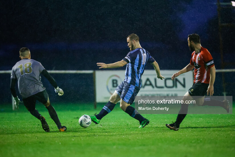 Gareth McCaffrey in action for St Mochta's against Lucan United on Friday night