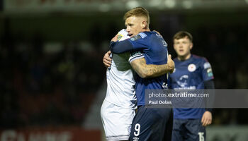 Eoin Doyle embraces former teammate Paddy Barrett after St Patrick's Athletic 1-0 victory over Shelbourne at Richmond Park on Friday, 24 February 2023.