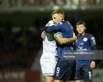Eoin Doyle embraces former teammate Paddy Barrett after St Patrick's Athletic 1-0 victory over Shelbourne at Richmond Park on Friday, 24 February 2023.