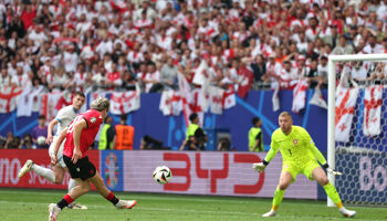 Saba Lobjanidze of Georgia shoots over and misses with the last kick of the game in the UEFA EURO 2024 group stage match between Georgia and Czechia at Volksparkstadion on June 22, 2024 in Hamburg, Germany.