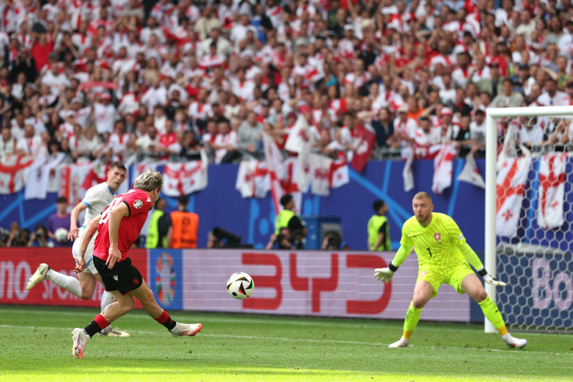 Saba Lobjanidze of Georgia shoots over and misses with the last kick of the game in the UEFA EURO 2024 group stage match between Georgia and Czechia at Volksparkstadion on June 22, 2024 in Hamburg, Germany.