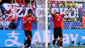 Georges Mikautadze of Georgia celebrates scoring his team’s first goal from a penalty kick during the UEFA EURO 2024 group stage match between Georgia and Czechia at Volksparkstadion on June 22, 2024 in Hamburg, Germany.