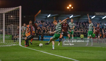 Rory Gaffney scores in Dalymount Park last time the Hoops played the Gypsies in the venue