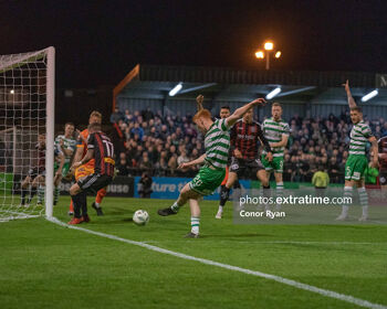 Rory Gaffney scores in Dalymount Park last time the Hoops played the Gypsies in the venue