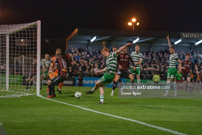Rory Gaffney scores in Dalymount Park last time the Hoops played the Gypsies in the venue