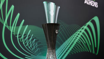 A detailed view of the UEFA Europa Conference League trophy taken at the UEFA Headquarters, The House of the European Football, earlier this year in Nyon, Switzerland