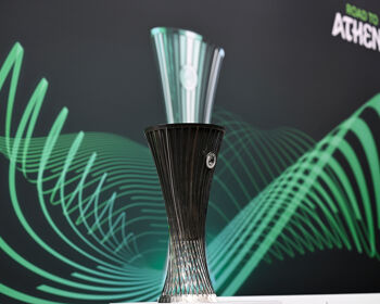 A detailed view of the UEFA Europa Conference League trophy taken at the UEFA Headquarters, The House of the European Football, earlier this year in Nyon, Switzerland