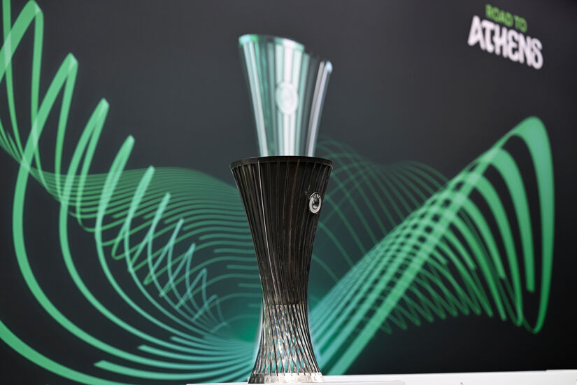 A detailed view of the UEFA Europa Conference League trophy taken at the UEFA Headquarters, The House of the European Football, earlier this year in Nyon, Switzerland