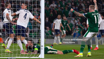 Shane Duffy of Republic of Ireland in action against Nikola Milenkovi? of Serbia prior to scoring an own goal, Ireland’s equaliser, during the FIFA World Cup 2022 qualifying group A match between Republic of Ireland and Serbia at the Aviva Stadium in Dubl
