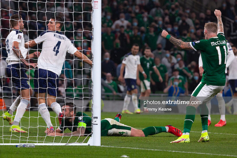 Shane Duffy of Republic of Ireland in action against Nikola Milenkovi? of Serbia prior to scoring an own goal, Ireland’s equaliser, during the FIFA World Cup 2022 qualifying group A match between Republic of Ireland and Serbia at the Aviva Stadium in Dubl