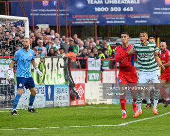 Shamrock Rovers' Graham Burke marked by Shelbourne's Shane Griffin as Reds keeper Conor Kearns watches on during the sides game in Tolka Park last August