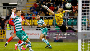 Pico Lopes heads home the equaliser for the Hoops in their 2-2 home draw against Shels