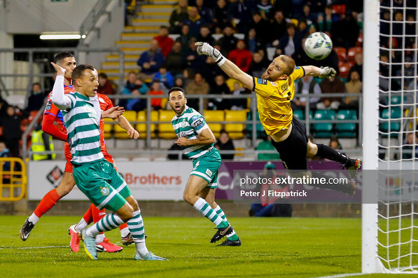 Pico Lopes heads home the equaliser for the Hoops in their 2-2 home draw against Shels